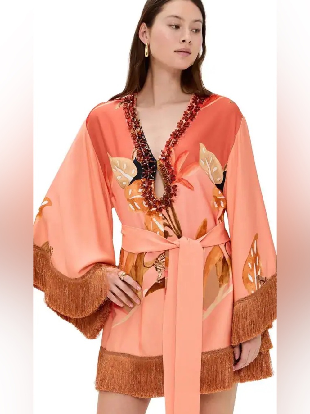 PatBO Coral Pink Floral Satin Kimono with Fringe Trim